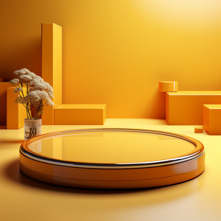 podium blank, yellow background, in the style of circular abstraction, 3D rendering, clay material, isometric, tonalist, smooth shiny, yellow and white, spot light, lively tableaus, rim light,の素材