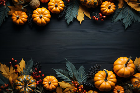 Thanksgiving and autumn decoration concept mode from autumn leaves and pumpkin on dark backgroundの素材