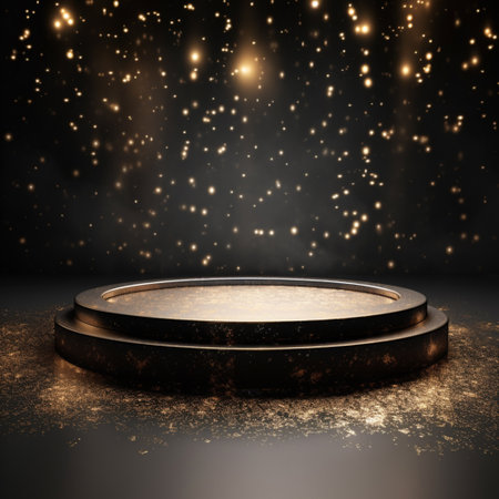 podium blank, borwn background, glitter, in the style of circular abstraction, render in cinema 4d, tonalist, uhd image, soft black and white, lively tableaus, rim lightの素材