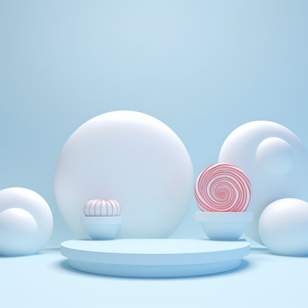 Podium blank, soft pink background, in the style of circular abstraction, render in cinema 4d, tonalist, uhd image, soft blue and white, lively tableaus, rim light, Lolipopの素材