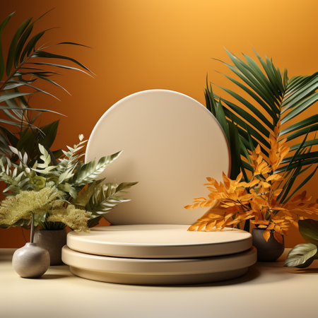 podium blank, black background, Autumn leaves fall, in the style of circular abstraction, 3D rendering, clay material, isometric, tonalist, smooth shiny, white and yellow, spot light, lively tableaus, rim lightの素材