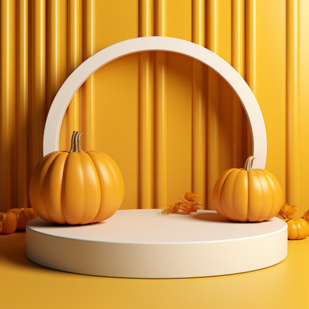 3d podium pumpkin. Minimal concept. Holiday decoration, bright orange yellow pumpkin for celebration halloween on on bright orange backgroundの素材