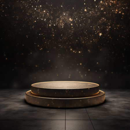 podium blank, borwn background, glitter, in the style of circular abstraction, render in cinema 4d, tonalist, uhd image, soft black and white, lively tableaus, rim lightの素材