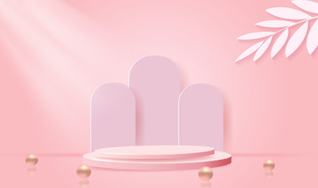 Realistic pink 3D cylindrical pedestal podium with summer pastel minimal scene for product exhibition, promotion display. Abstract studio room platform designのイラスト素材