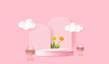Realistic pink 3D cylindrical pedestal podium with summer pastel minimal scene for product exhibition, promotion display. Abstract studio room platform designのイラスト素材