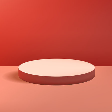 realistic 3d background with cylinder podium. red glowing light semi circles layers scene. Abstract minimal scene mockup products display, Stage showcaseのイラスト素材