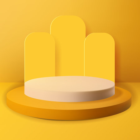 Set of yellow and white round corner cube pedestal podium. Minimal wall scene. Pastel color abstract room design.のイラスト素材