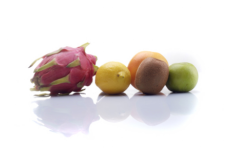 Set of different piles of fruits  over white background. Healthy Conceptの写真素材