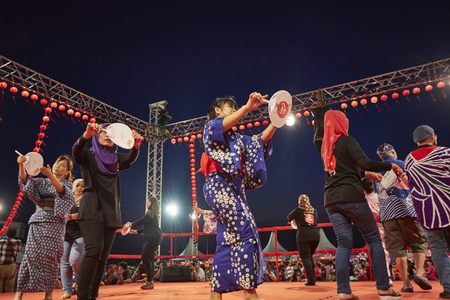 SHAH ALAM, MALAYSIA - SEPTEMBER 5: Bon-Odori Festival in Shah Alam,on September 5,2015. Participants in "Bon Odori" festival,celebrate the unique style of dancing performance from japan to Malaysia.のeditorial素材