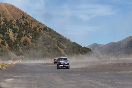 BROMO, INDONESIA - 9th May 2018; 4WD Jeep in Savana land in Bromo Tengger Semeru national park, East...