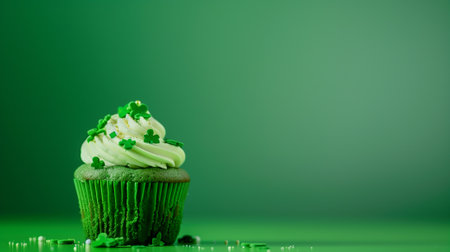 Green cupcake with green buttercream icing on green background with copy spaceの素材