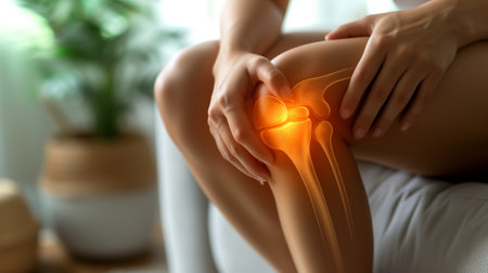 Woman having knee pain at home, closeup. Health care conceptの素材