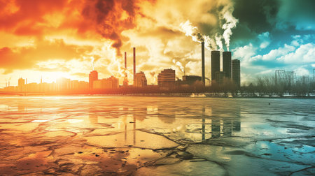 Industrial landscape with smoking chimneys and frozen lake at sunset.の素材