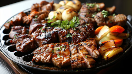 Frying pan with tasty steaks on table, closeup viewの素材