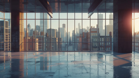 Modern office interior with panoramic city view. 3D Renderingの素材