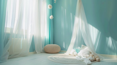 interior of bedroom with white curtain, pillow and pillows.の素材