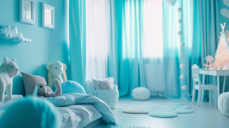 Interior of baby room with blue walls, white bed and soft toysの素材
