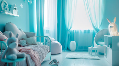 a childrens room interior with a blue bed.の素材