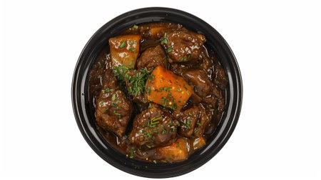 Beef Bourguignon in black bowl isolated on white backgroundの素材