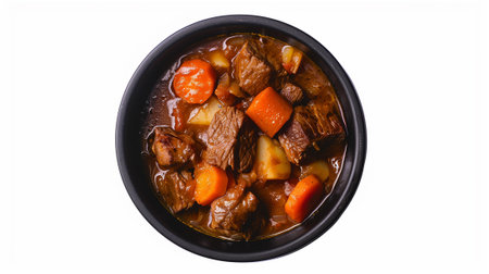 Beef stew with carrot and onion in black bowl isolated on white backgroundの素材