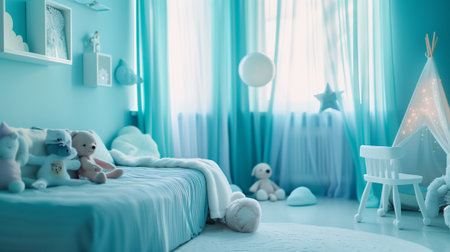 Blue children's room with blue bed and toys.の素材