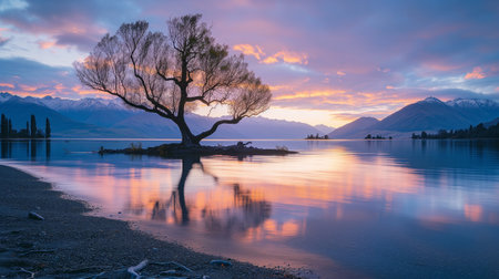 Lake Wanaka at sunset with a tree in foreground, New Zealandの素材
