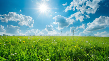 Green meadow under blue sky with clouds and sun. Nature composition.