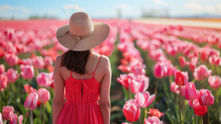 Young woman in pink dress and hat walking in tulip field.の素材