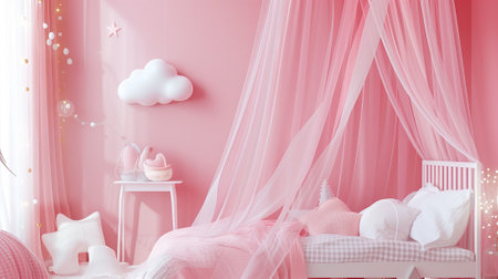 Baby room interior with pink walls and white bedの素材