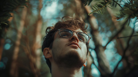 Portrait of a handsome young man with glasses in the forest.の素材
