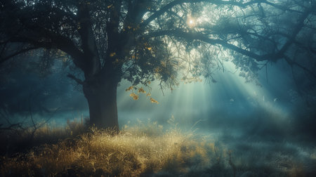 Foggy autumn morning in the oak grove with sun raysの素材