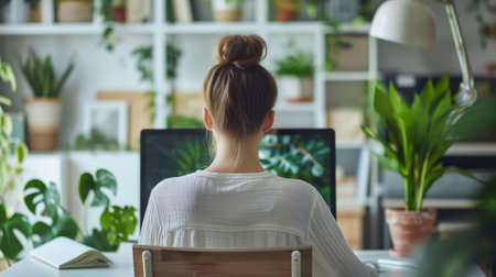 Young woman sitting at desk and working on computer at home office.の素材