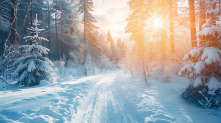 Beautiful winter landscape with snow covered trees and road in the forest.の素材