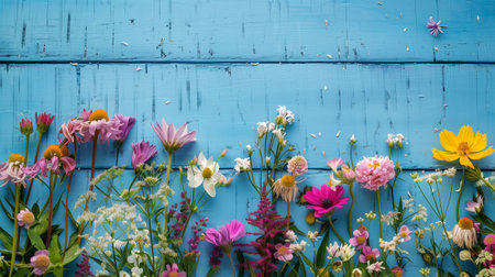 Colorful flowers on blue wooden background with copy space. Top viewの素材
