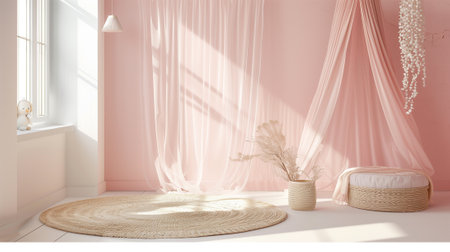 3D render of a pink room with a large window and curtainsの素材