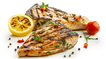 Grilled fish fillet with lemon and spices on a white backgroundの素材