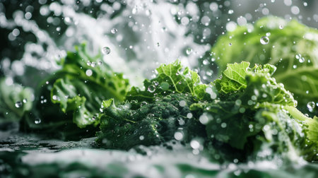 Fresh green lettuce leaves with water drops and splashes on dark backgroundの素材