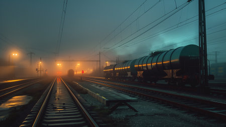 Railway station in a foggy morning with freight cars and lanternsの素材