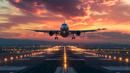 Airplane flying over the airport runway at sunset. 3d renderingの素材