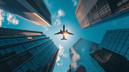 Airplane flying over skyscrapers. Business and transportation concept.の素材