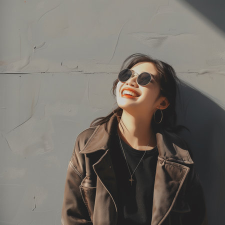 Portrait of a beautiful Asian woman in sunglasses against the wallの素材