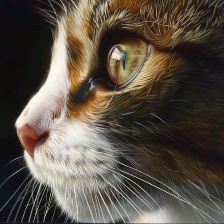 Close-up portrait of a beautiful multicolored cat on a black backgroundの素材