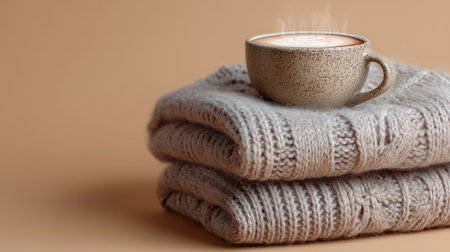 Cup of coffee and knitted sweaters on beige backgroundの素材