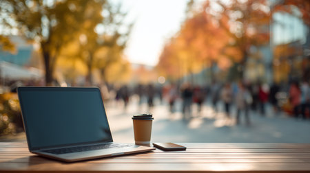 Laptop and coffee cup on a wooden table in the city, blurred background.の素材
