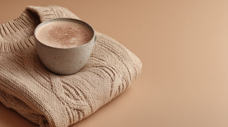 Cup of coffee with warm knitted scarf on beige backgroundの素材
