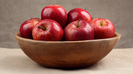 Red apples in a wooden bowl on a burlap cloth background.の素材