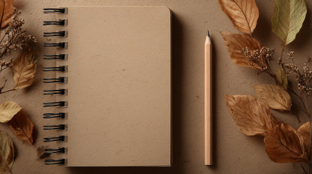 Top view of blank notebook and pencil on brown background with autumn leavesの素材