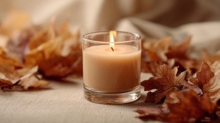 Candle and autumn leaves on table, closeup. Space for textの素材