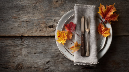 Autumn table setting with vintage cutlery on rustic wooden backgroundの素材