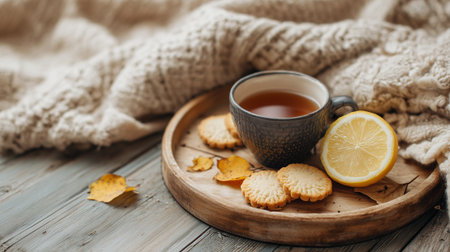 Cup of tea with lemon and cookies on wooden tray. Cozy autumn concept.の素材
